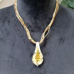 Yellow Blossom Bell Flower Gold White Teardrop Glass Pendant Necklace